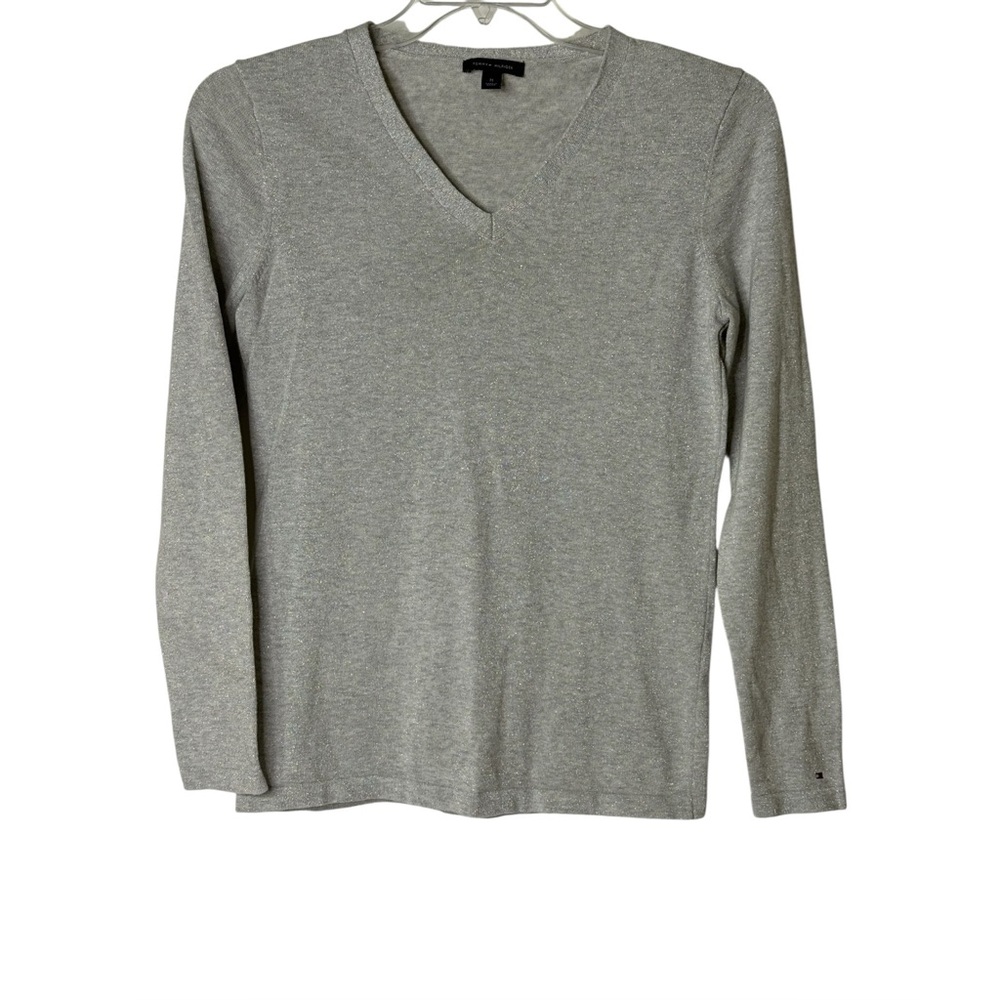 Tommy‎ Hilfiger Sparkly Silver Long Sleeve V-Neck Lightweight Sweater Womens M